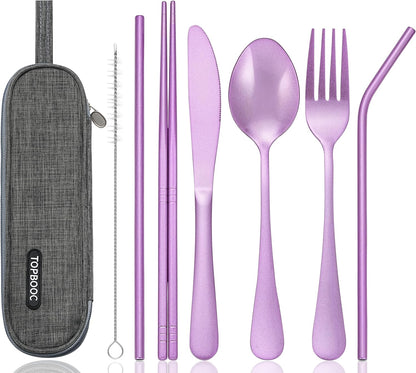 Portable Stainless Steel Flatware Set, Travel Camping Cutlery Set, Portable Utensil Travel Silverware Dinnerware Set with a Waterproof Case (Pink)