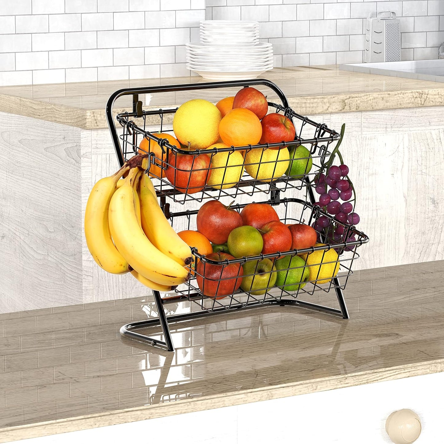 Simple Houseware 3-Tier Rigid Wire Market Fruit Basket Stand, Black