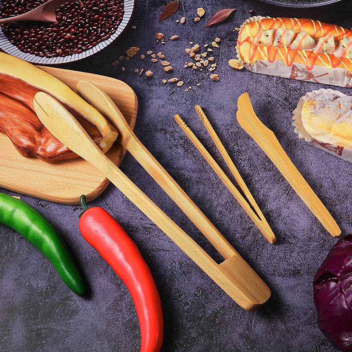 Zopeal 7 and 12 Inch Bamboo Toaster Tongs, Wooden Tongs for Cooking