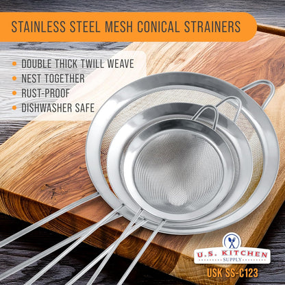U.S. Kitchen Supply Set of 3 Stainless Steel Conical Strainers 3", 4", 5.5"