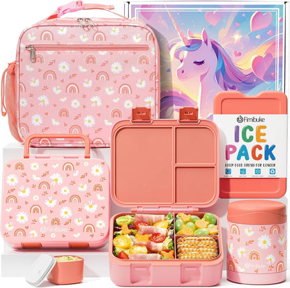 Fimibuke Bento Lunch Box for Kids with Food Jar, 32OZ Snack Lunch Container with 3 Compartments, Insulated Lunch Bag, 12OZ Leakproof Food Jar, Ice Pack Set for Age 3-12 Toddler Teen Girls Boys Daycare