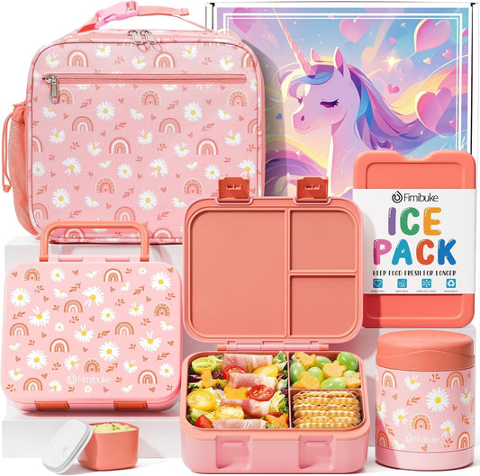 Fimibuke Bento Lunch Box for Kids with Food Jar, 32OZ Snack Lunch Container with 3 Compartments, Insulated Lunch Bag, 12OZ Leakproof Food Jar, Ice Pack Set for Age 3-12 Toddler Teen Girls Boys Daycare