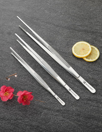 Set of 3 Kitchen Tweezers Fine Tweezer Tongs, MSY BIGSUNNY Stainless Steel Food Tweezers, Precision Serrated Tips Food Tongs (8.5" 10" and 12")