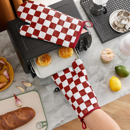 Ohocut Navy Blue Checkered Oven Mitts Heat Resistant, Vintage Retro Checkerboard Cute Oven Mitts, Non-Slip Silicone Kitchen Oven Gloves, 2-Pack Set, 7''x13''