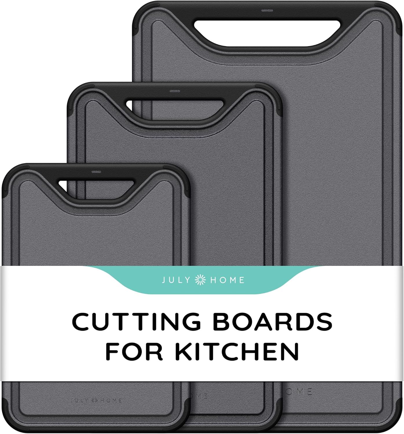 Cutting Boards for Kitchen, Plastic Cutting Board Set of 3, Dishwasher Safe Cutting Boards with Juice Grooves for Meat, Veggies, Fruits, Easy Grip Handle, Non-Slip (Black/Gray)