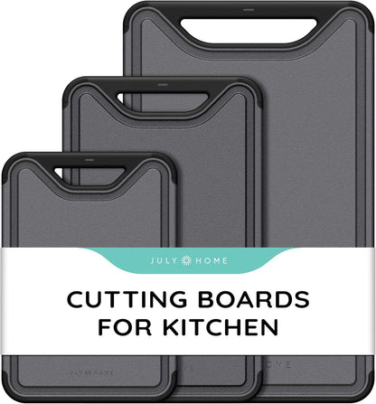 Cutting Boards for Kitchen, Plastic Cutting Board Set of 3, Dishwasher Safe Cutting Boards with Juice Grooves for Meat, Veggies, Fruits, Easy Grip Handle, Non-Slip (Black/Gray)