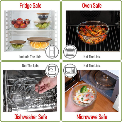 Set of 4 Stackable Space-Saving Nesting Glass Bowls with Airtight Acacia Lids for Lunch, Meal & Food Prep - Microwave & Oven-ready BPA Free Durable Heat Resistant Inert Borosilicate Glass