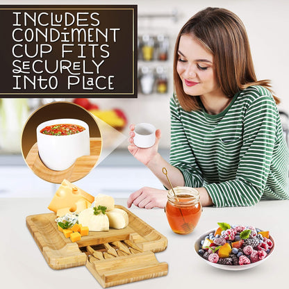 NutriChef Bamboo Natural Cheese Board Set with Bonus Condiment Cup-Extra Large Size 100% Home Organic Wooden Plate and Charcuterie Tray with 4 pcs Cutting Knife Slicer, 13" Round