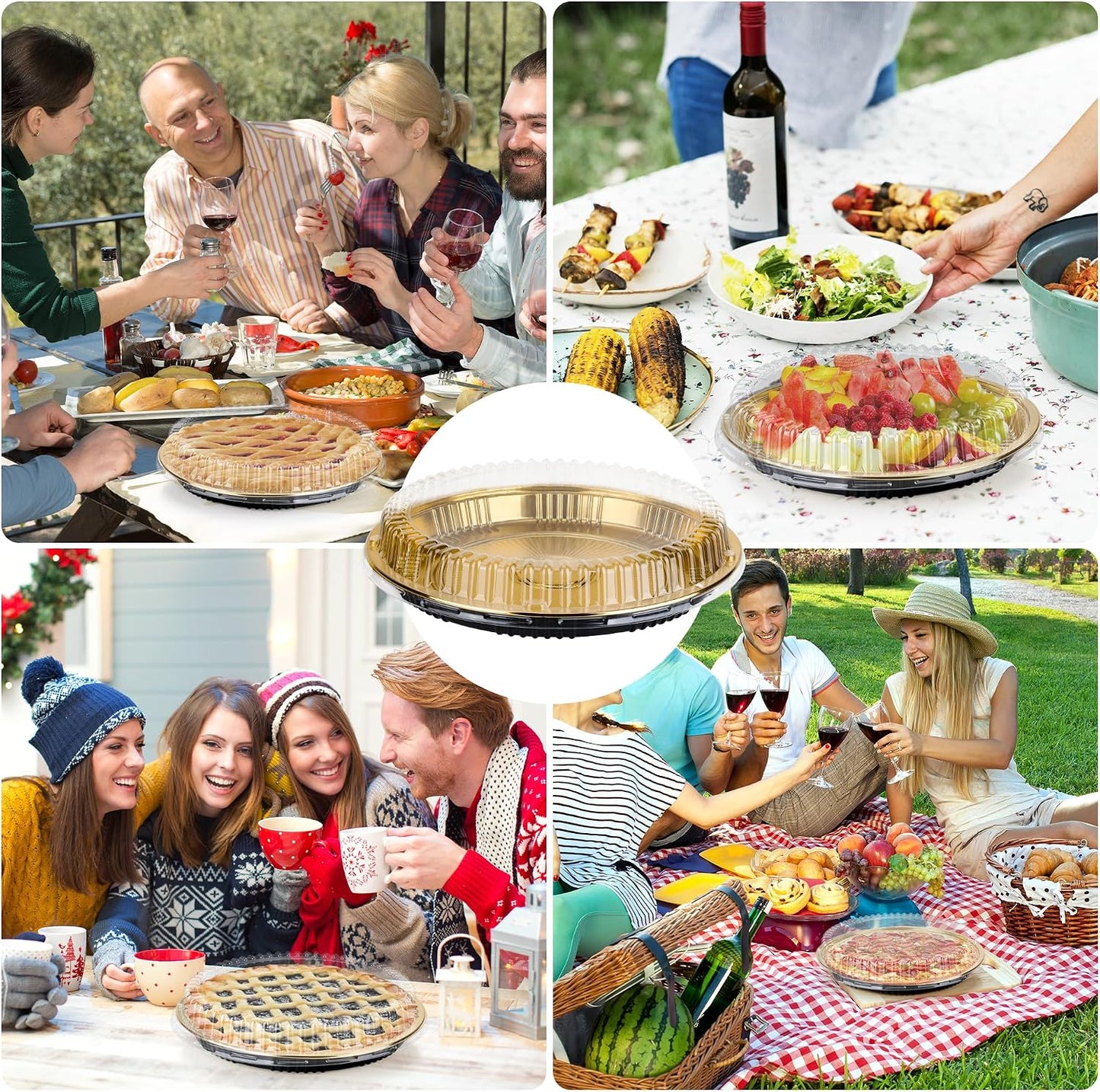 10 Pcs Disposable Pie Carrier with Clear Lid 12 Inch Round Pie Carrier Pies Holder with Lids for Cake Pizza Candy Salads Meal Prep, Gold