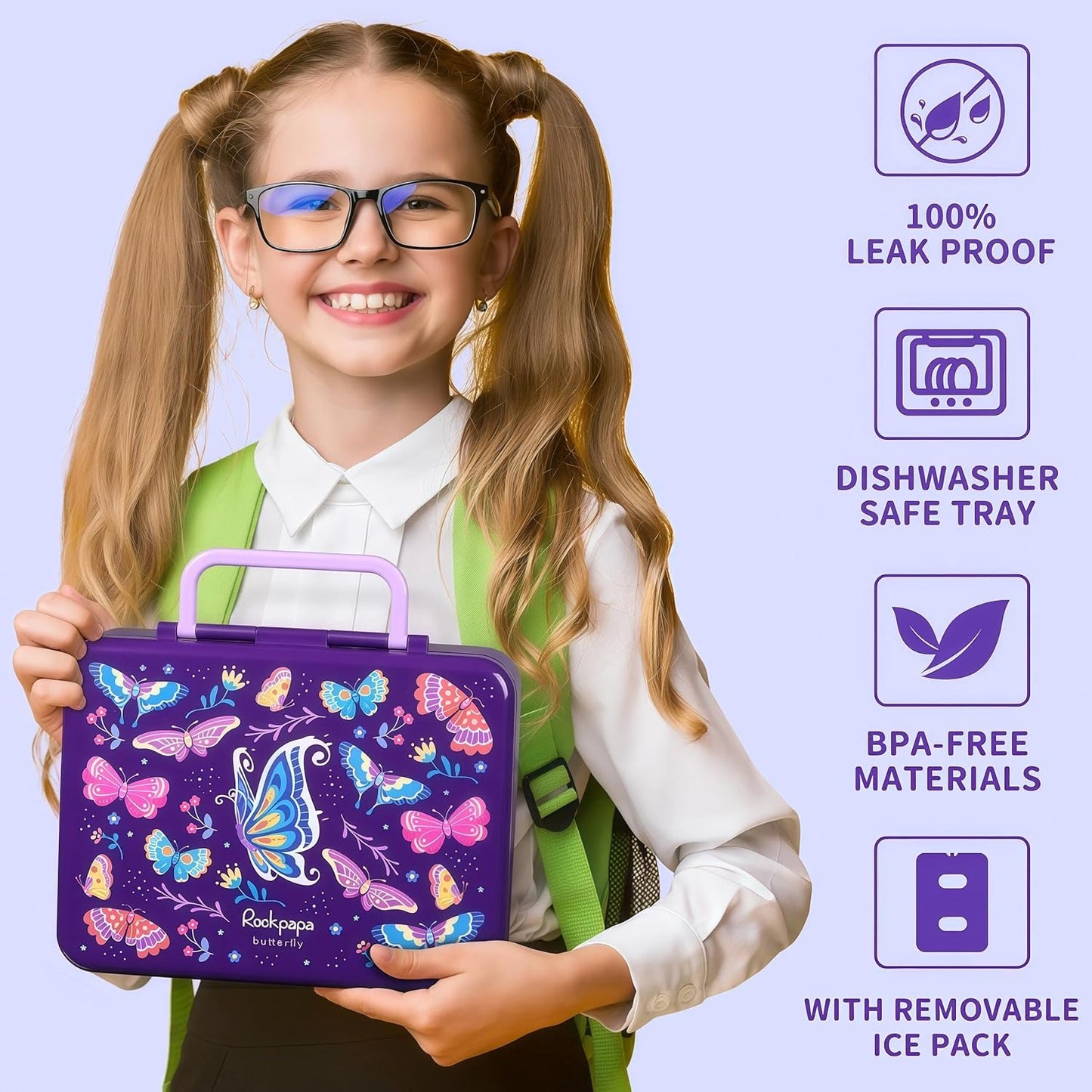 rockpapa Chill Bento Box for Kids- Large 5.5 Cups Lunch Box with Ice Pack - 5 Compartments, BPA-Free, Leak Proof, with Utensils & Portable Handle, Microwave/Dishwasher Safe (Purple Butterfly)