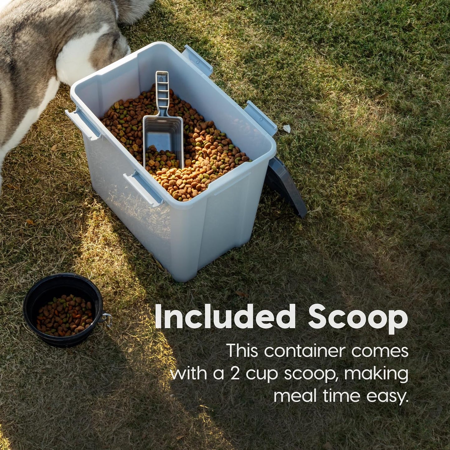IRIS USA Stackable Dog Food Storage Container with 2 Cup Scoop, 4 Secure Latches, Fits up to 30 lbs, Pet Dry Food Bin, Gasket Seal Lid, BPA Free, Stackable, Easy Measure, White