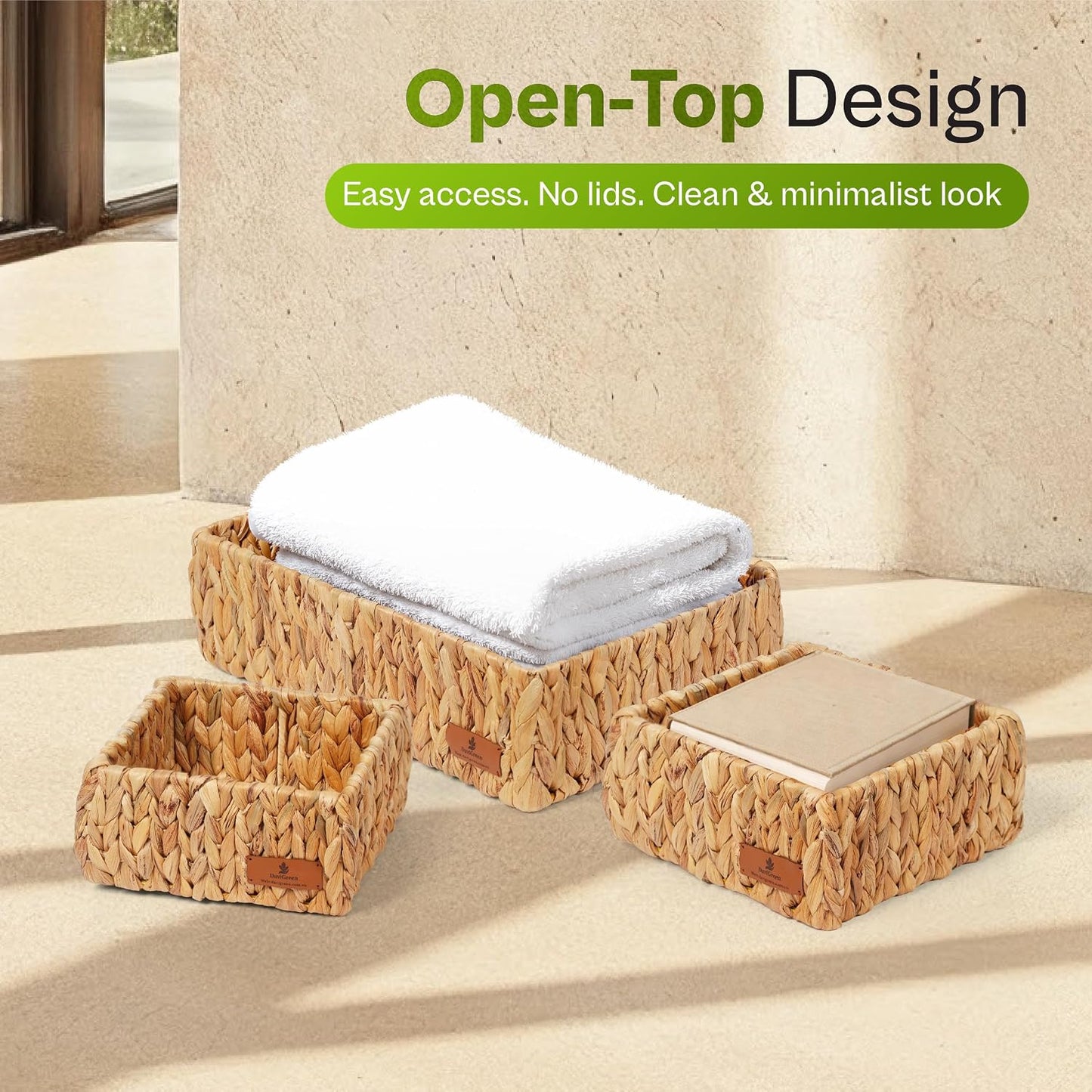 Storage Baskets for Shelves Set of 3, Open-Top Wicker Storage Bins with Handles, Shelf Organizer Baskets for Pantry, Closet & Bathroom, Water Hyacinth Baskets with Tissue Box Cover
