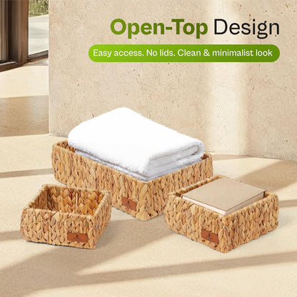 Storage Baskets for Shelves Set of 3, Open-Top Wicker Storage Bins with Handles, Shelf Organizer Baskets for Pantry, Closet & Bathroom, Water Hyacinth Baskets with Tissue Box Cover
