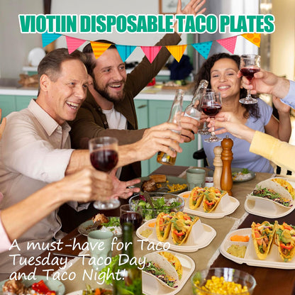 50-Pack Disposable Taco Plates for 2 Tacos & 2 Sides - For Most 4-6 IN Small Hard Shells - Biodegradable Cornstarch Holder Plates - Microwave Safe - Ideal for Fiesta, Bar, Party