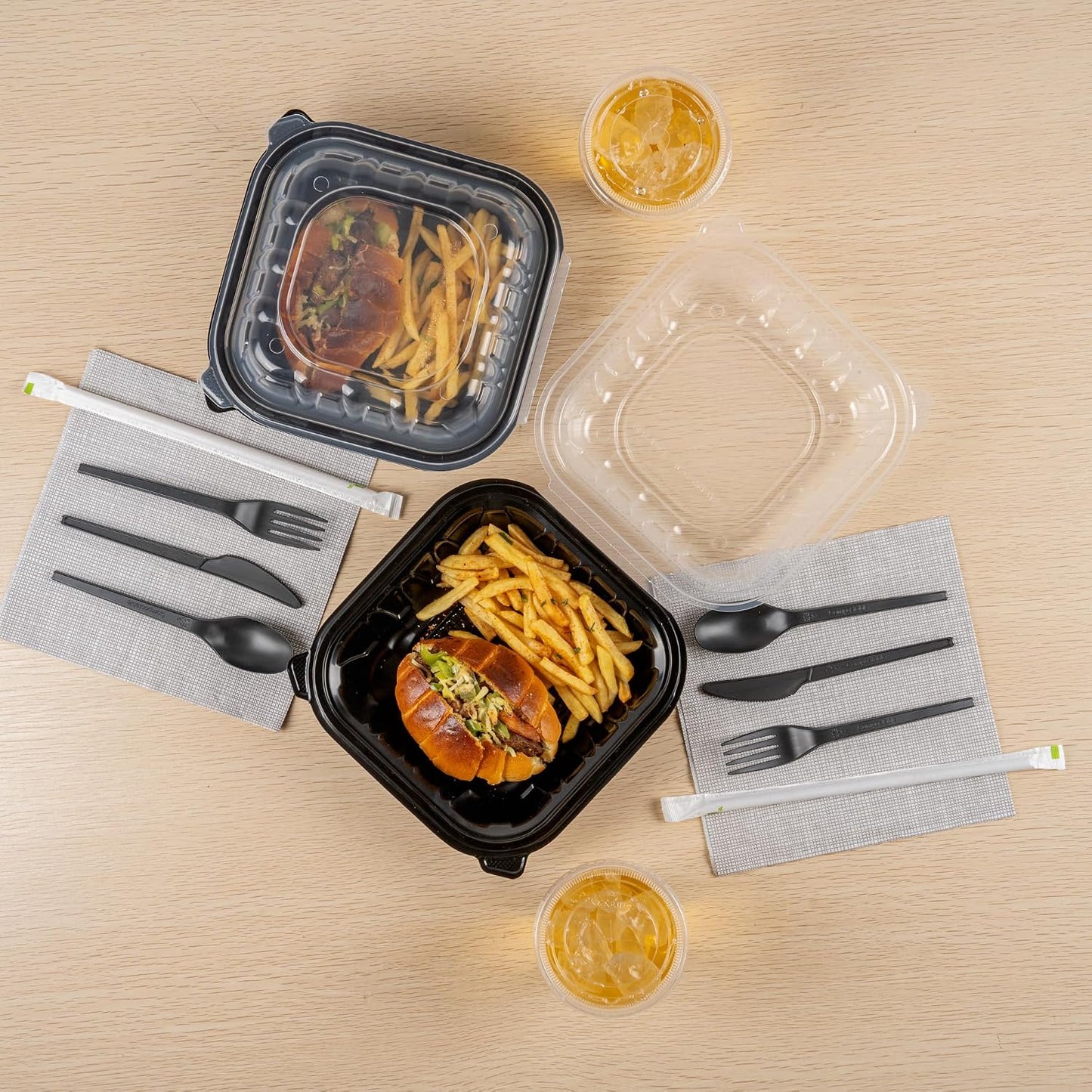 Thermo Tek 40 Ounce Clamshell Containers, 50 Disposable Take Out Boxes - 3 Compartments, Ventilated Lids, Black Plastic Meal Prep Containers, Microwavable, For Pasta Or Salads - Restaurantware