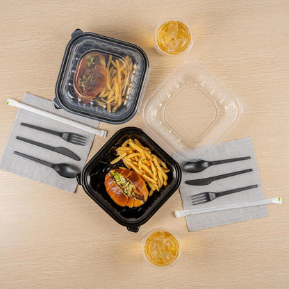 Thermo Tek 40 Ounce Clamshell Containers, 50 Disposable Take Out Boxes - 3 Compartments, Ventilated Lids, Black Plastic Meal Prep Containers, Microwavable, For Pasta Or Salads - Restaurantware