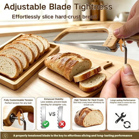 Bread Slicer for Homemade Bread, Sourdough Bread Knife, Adjustable Blade Tightness & Thickness Scale Markings to Ensure Precise Slicing, Reversible Serrated Blade Fits Left & Right Hand Users