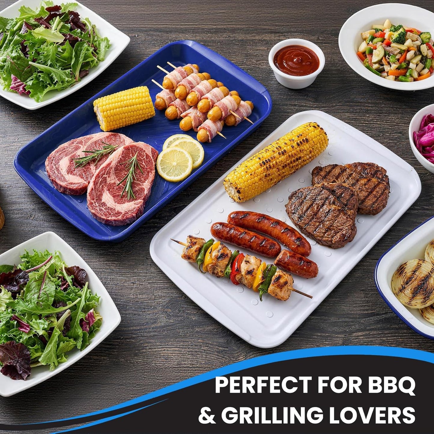 Grill Prep Trays Set of 2, Large Melamine Grilling Prep and Serve Trays with Deep Raised Edges for BBQ Meat Prep, Marinating & Serving, BPA Free