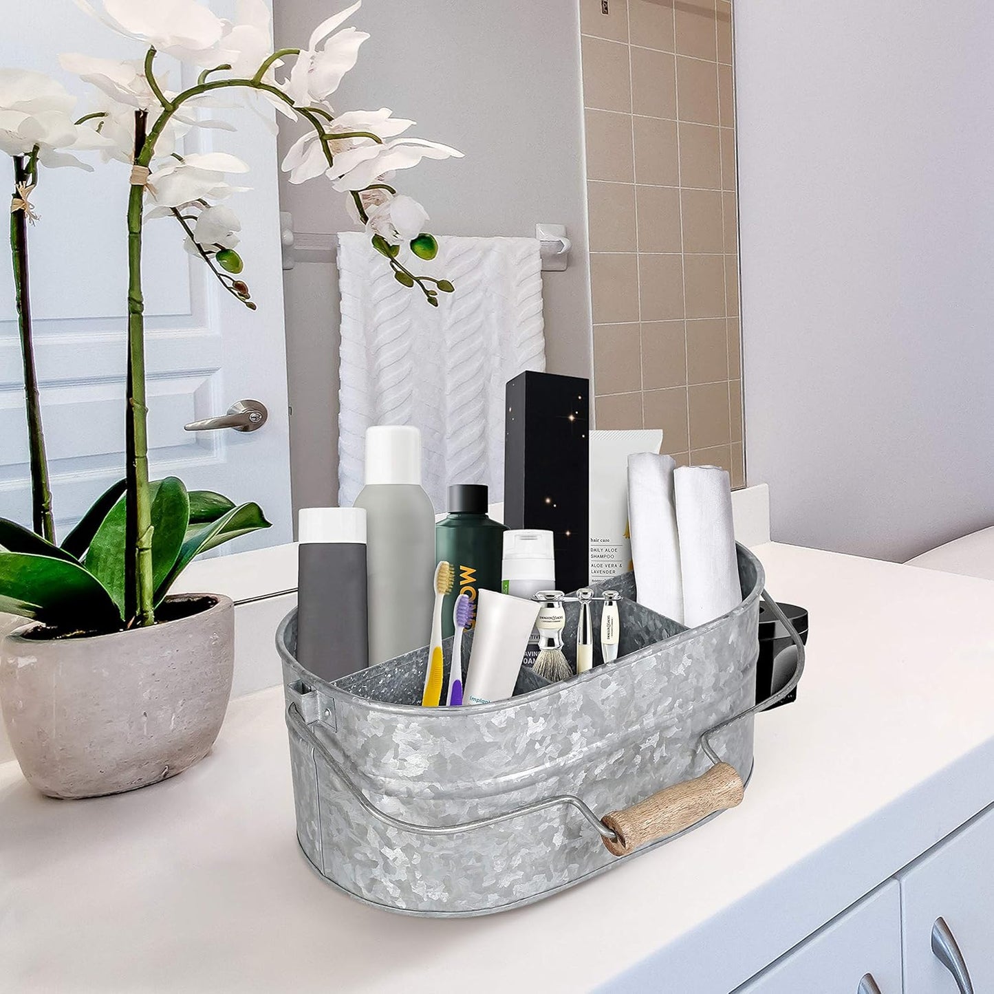 CLEENTABLE Farmhouse Galvanized Metal Utensil Caddy – 4-Compartment Silverware Organizer with Removable Handle for Countertop, Picnic & Party Use (10"x6.5"x5.5", Grey)