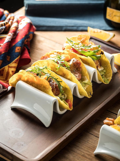 Taco Holders Set of 2, Porcelain Large Taco Tray with Handles, Reusable and Stackable Taco Plates, Perfect for Burritos and Tortillas Holder Handles, Oven & Microwave Safe