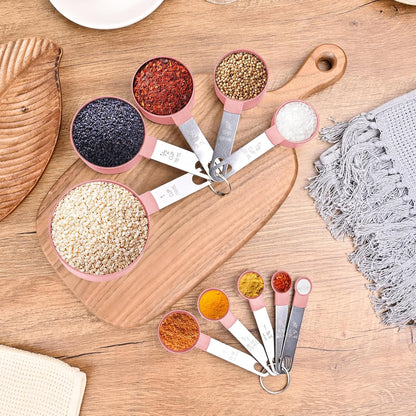 Measuring Cups and Spoons Set, 10 Pieces Nesting Measure Tools, Kitchen Essentials Gadgets with Stainless Steel Handle for Dry & Liquid Ingredient, Pink