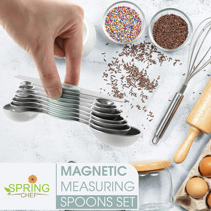 Spring Chef Stainless Steel Magnetic Measuring Spoons Set with Strong N45 Magnets, Heavy Duty Metal Kitchen Gadgets for Baking & Cooking, Fits in Most Kitchen Spice Jars, Set of 8 with Leveler, Black