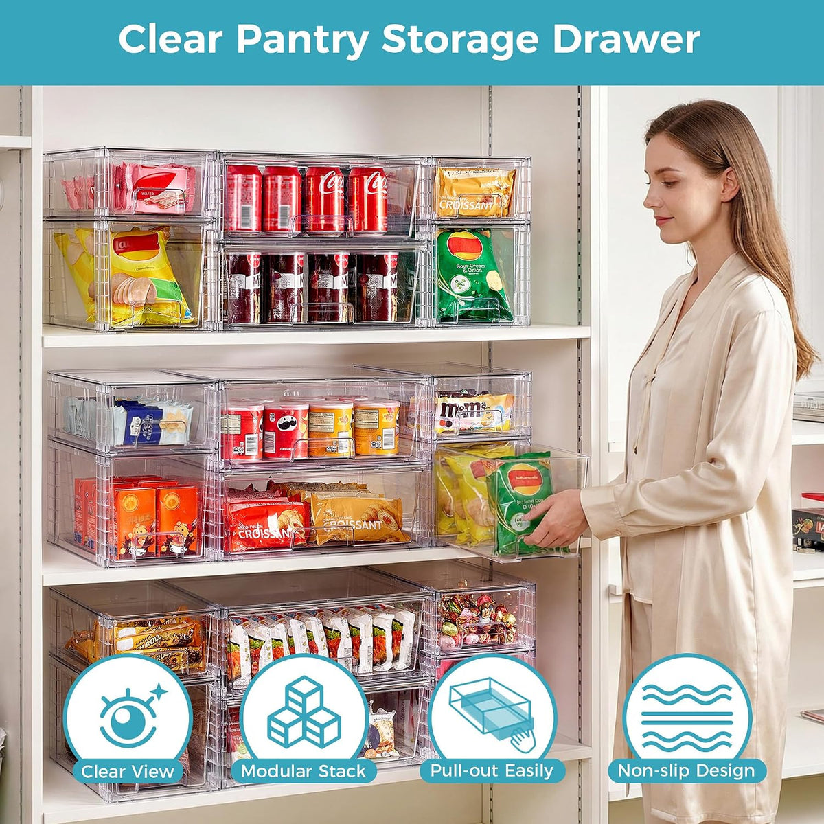 Vtopmart 4 Pack Clear Stackable Storage Drawers,Under Sink and Kitchen Organizers Storage,Easy to Assemble Plastic Drawers for Baby Bottle,Medicine, Bathroom,Cabinet and Pantry Organization