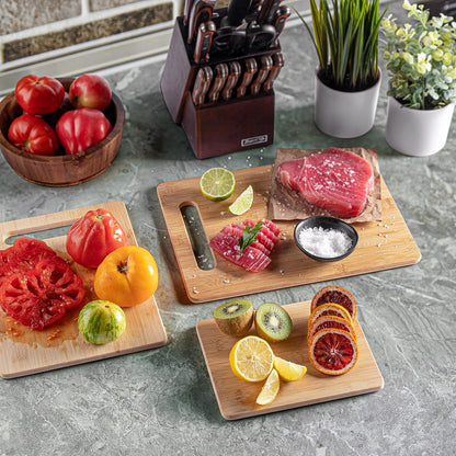Bamboo Cutting Board Set for Kitchen - 3 Piece Reversible Wooden Cutting Boards, Wood Chopping Boards for Meat, Bread, Fruit, Cheese, Meal Prep, Wood Board and Charcuterie Serving Boards by Bambusi