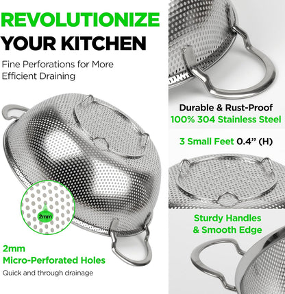 Premium 18/8 304 Stainless Steel Micro-Perforated Small and Big Colander Set of 4 with rings - 3.5-5.5-7.5-9.5 Quart Set, Self-Draining Solid Base for Pasta, Fruits, Vegetables