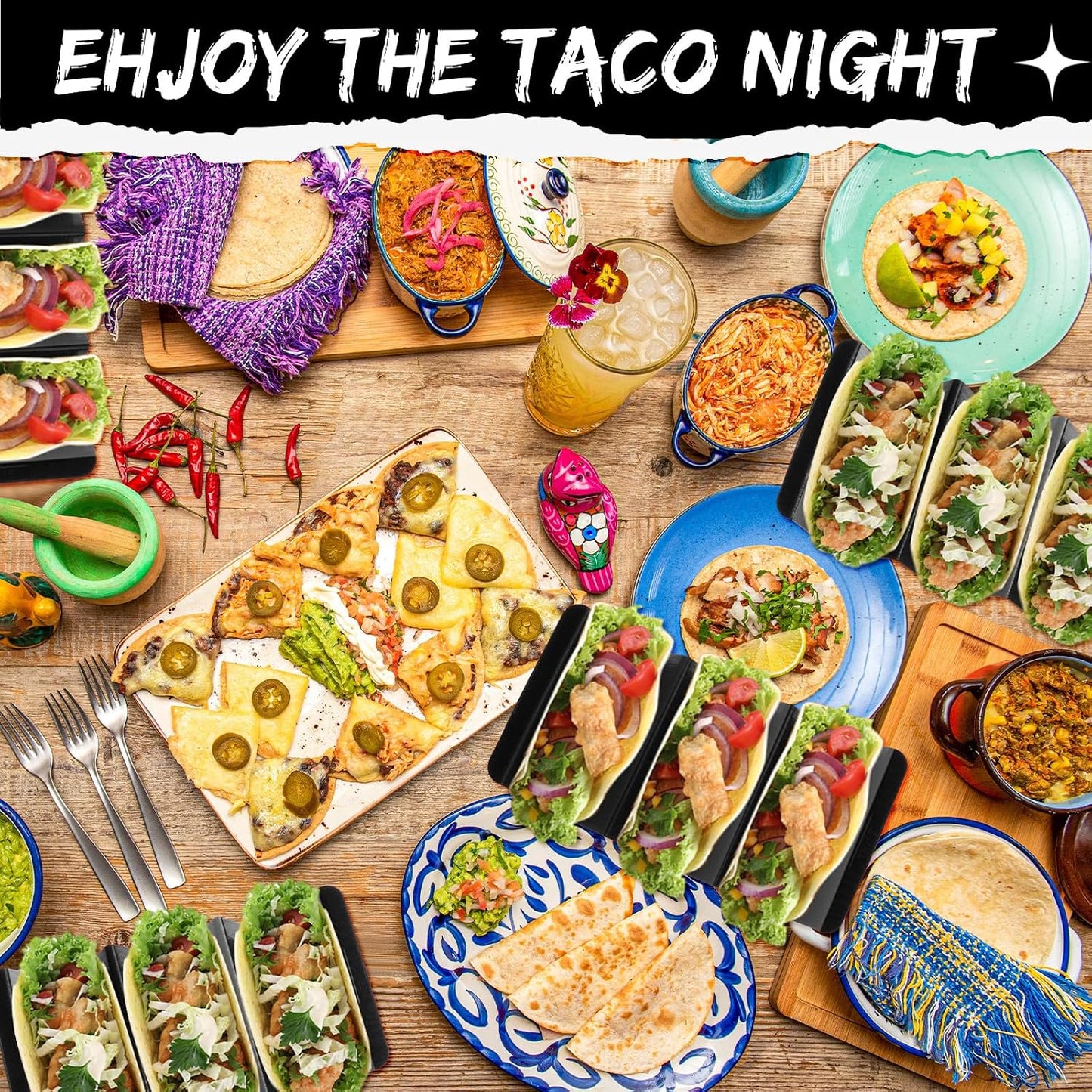 Baderke Mexico Taco Holder Stands Set of 6 Black Large Tray Plates Plastics Holder for Taco Night Tuesday Carnival Party Supplies, Dishwasher Microwave Safe