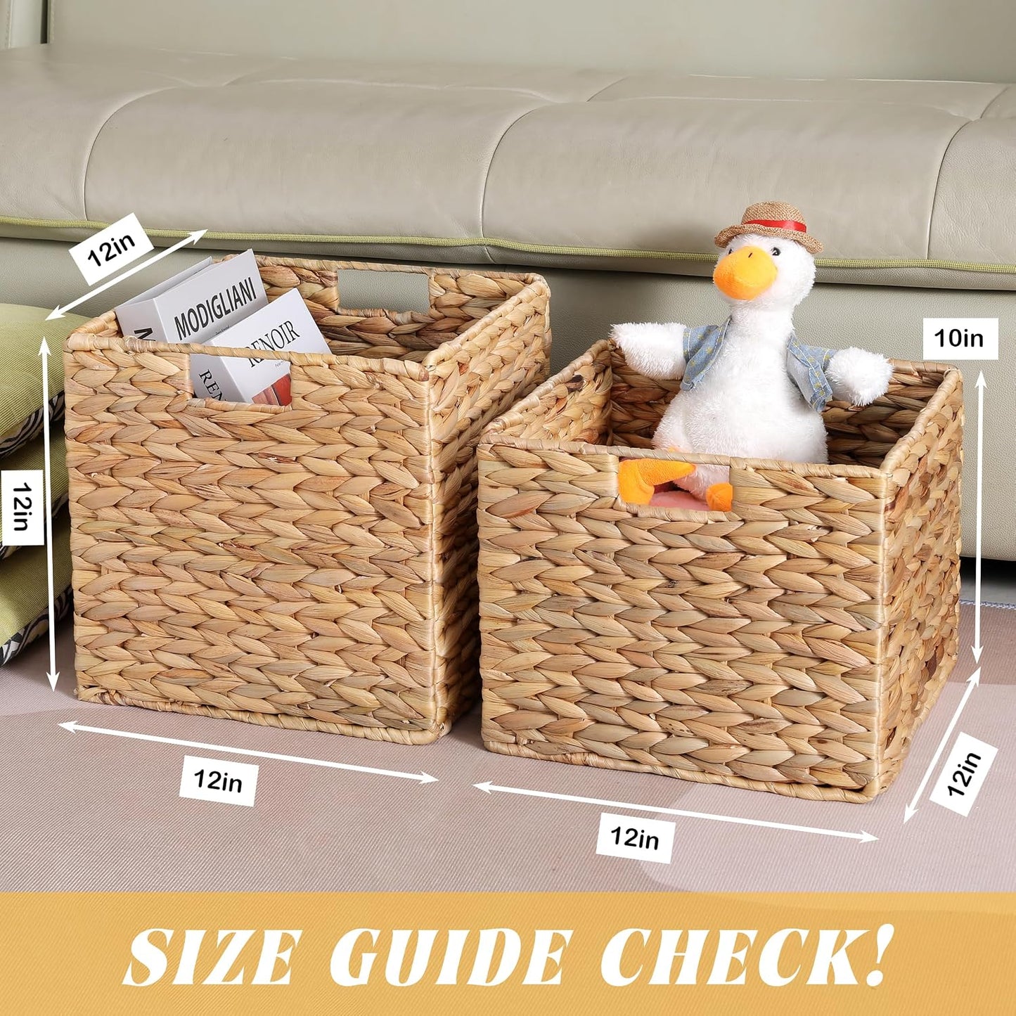 12x12x10in Water Hyacinth Storage Basket Large, Folding Cube Woven Wicker Storage Basket for Shelves, Pantry Baskets Organization and Storage, Kitchen Storage Baskets, Large Rattan Basket Set of 3