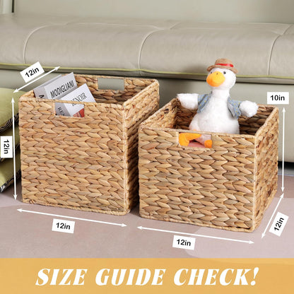 12x12x10in Water Hyacinth Storage Basket Large, Folding Cube Woven Wicker Storage Basket for Shelves, Pantry Baskets Organization and Storage, Kitchen Storage Baskets, Large Rattan Basket Set of 3