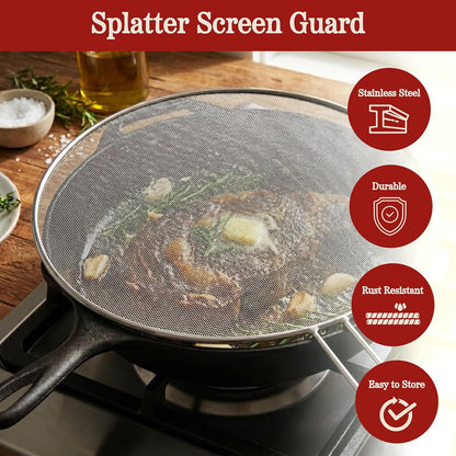 3-Piece Splatter Screen Set – Fine Mesh Stainless-Steel Grease Splatter Guard For Pots, Pans, and Skillets – Kitchen Gadgets By Classic Cuisine