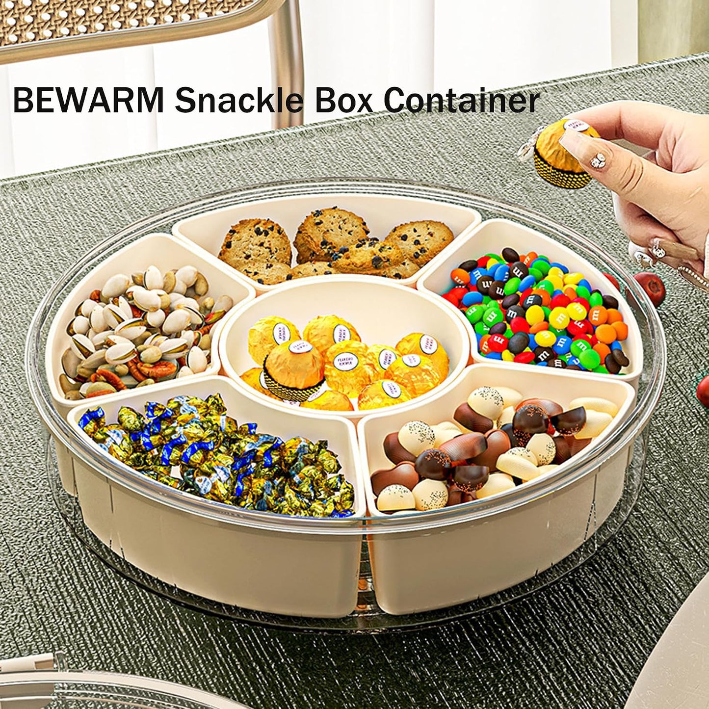 Divided Serving Tray with Lid and Handle, Fruit Platter for Snack Candy Charcuterie Organizer Portable Spinning Veggie Tray for Kitchen Party Travel and Picnic Stackable Snackle Box Container