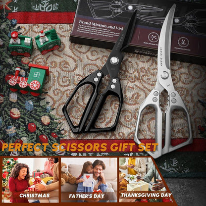 HUUSK Kitchen Scissors Set Silver - Stainless Steel Kitchen Shear, Sharp Meat Scissors, Heavy Duty Poultry Shears, Japanese Cooking Scissor for Food, Gifts for Men Women