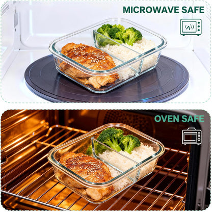 Glass Meal Prep Containers 5 Pack - Lunch Boxes with Leakproof Lids, Food Storage Containers, Bento Boxes, Gray (3 Compartment)