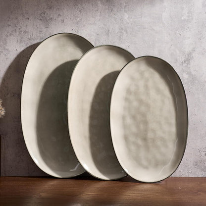 famiware Serving Platter, Oval 15.59/14.3/12.9inch Serving Dishes for Entertaining, Serving Bowls, Microwave Safe, Stoneware Serving Trays for Party, Food, Turkey, Cheese, Ocean Series, Vanilla White
