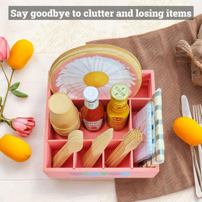 Utensil Holder for Party Farmhouse Crate Look - White Napkin Paper Plate Dispenser for Countertop - Silverware Caddy for Plate, Cup, Fork, Spoon - Flatware Box Organizer for Outdoor Camping Picnic