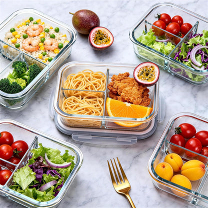 Glass Meal Prep Containers 5 Pack - Lunch Boxes with Leakproof Lids, Food Storage Containers, Bento Boxes, Gray (3 Compartment)
