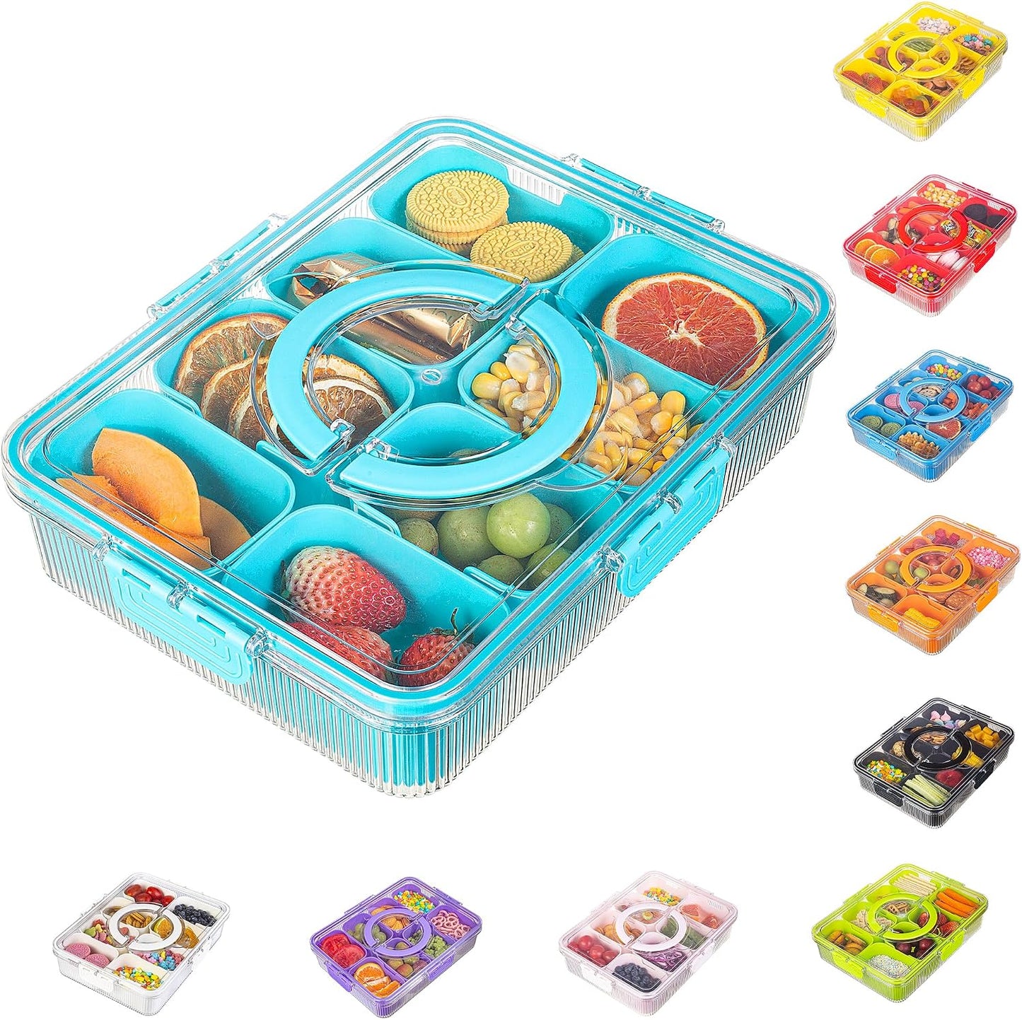 Patent Divided Serving Tray with Lid & Handle - Snackle Box Organizer for Charcuterie, Sandwiches, Veggies, Fruits, Candy - Portable Food Storage for Travel, Beach, Picnics（1 pcs, Orange）