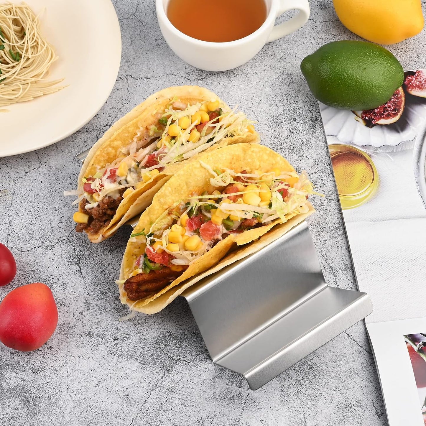 Stainless Steel Taco Holder Set - Stand with Handle, Holds Up to 3 Tacos Each