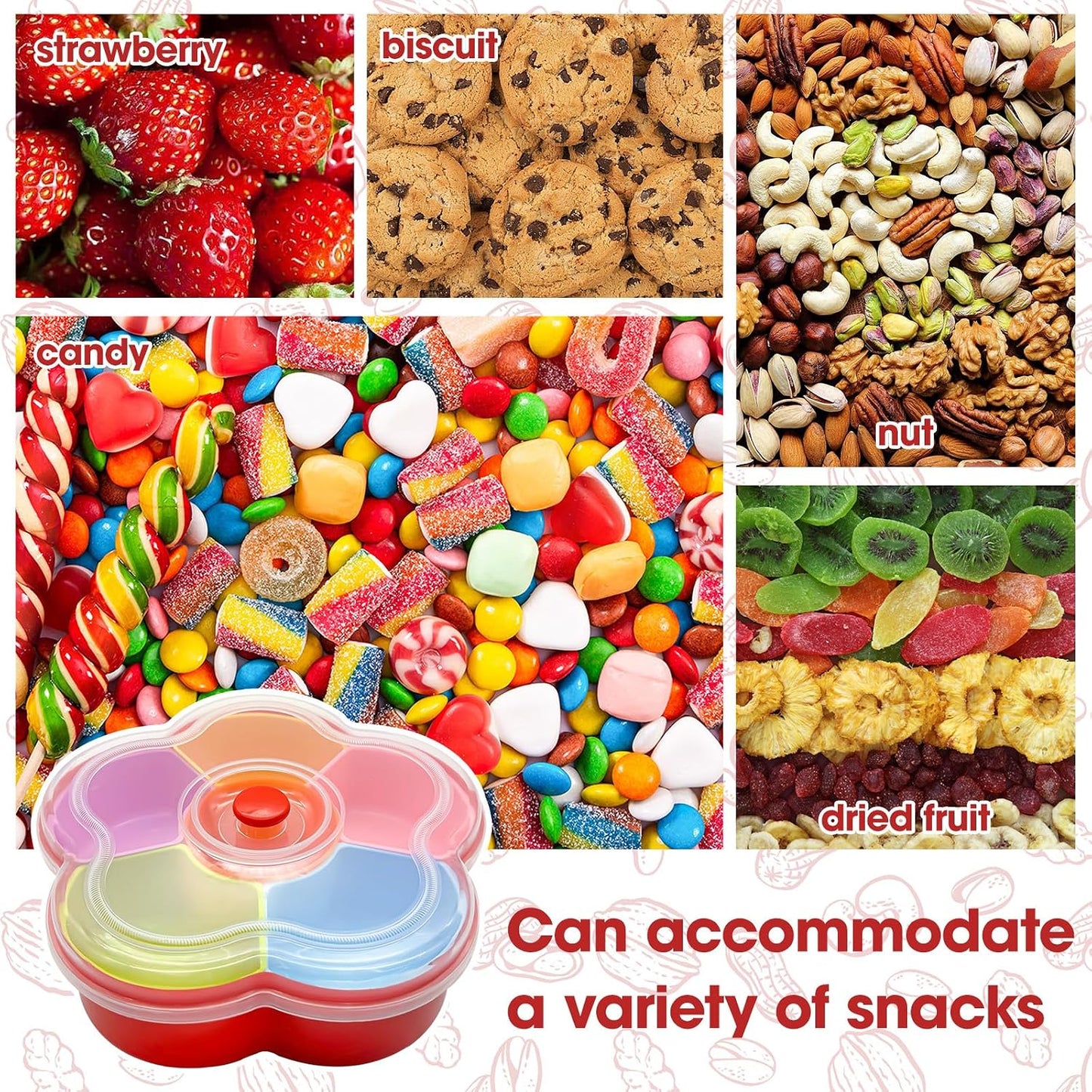 Snack Serving Tray, 6 Compartments Divided Snackle Reusable Veggie Container with Lid, Colored Flower Shaped Large Fruit Trays, Candy and Nut Snack Tray Appetizer Platter for Party, Travel