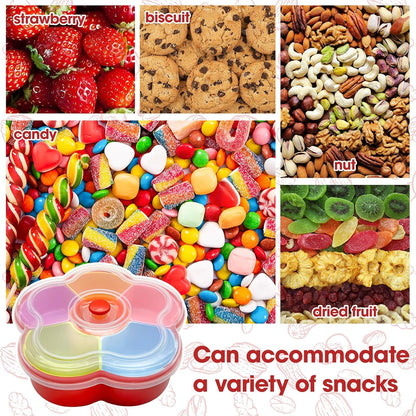 Snack Serving Tray, 6 Compartments Divided Snackle Reusable Veggie Container with Lid, Colored Flower Shaped Large Fruit Trays, Candy and Nut Snack Tray Appetizer Platter for Party, Travel