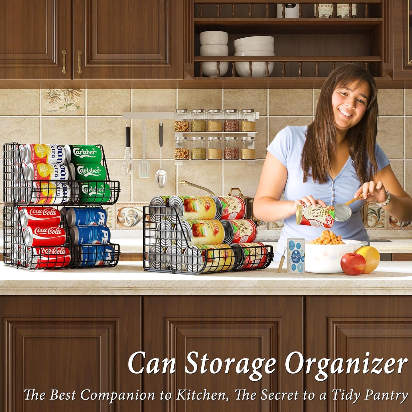 Stacking Can Dispensers 3 Tier with 3 Divider, Large Pantry Can Organizer, Beverage Drink Pop Soda Can Storage Basket, Can Holders for Pantry, Canned Food Rack Wire Bins for Kitchen Cabinet (3-Pack)