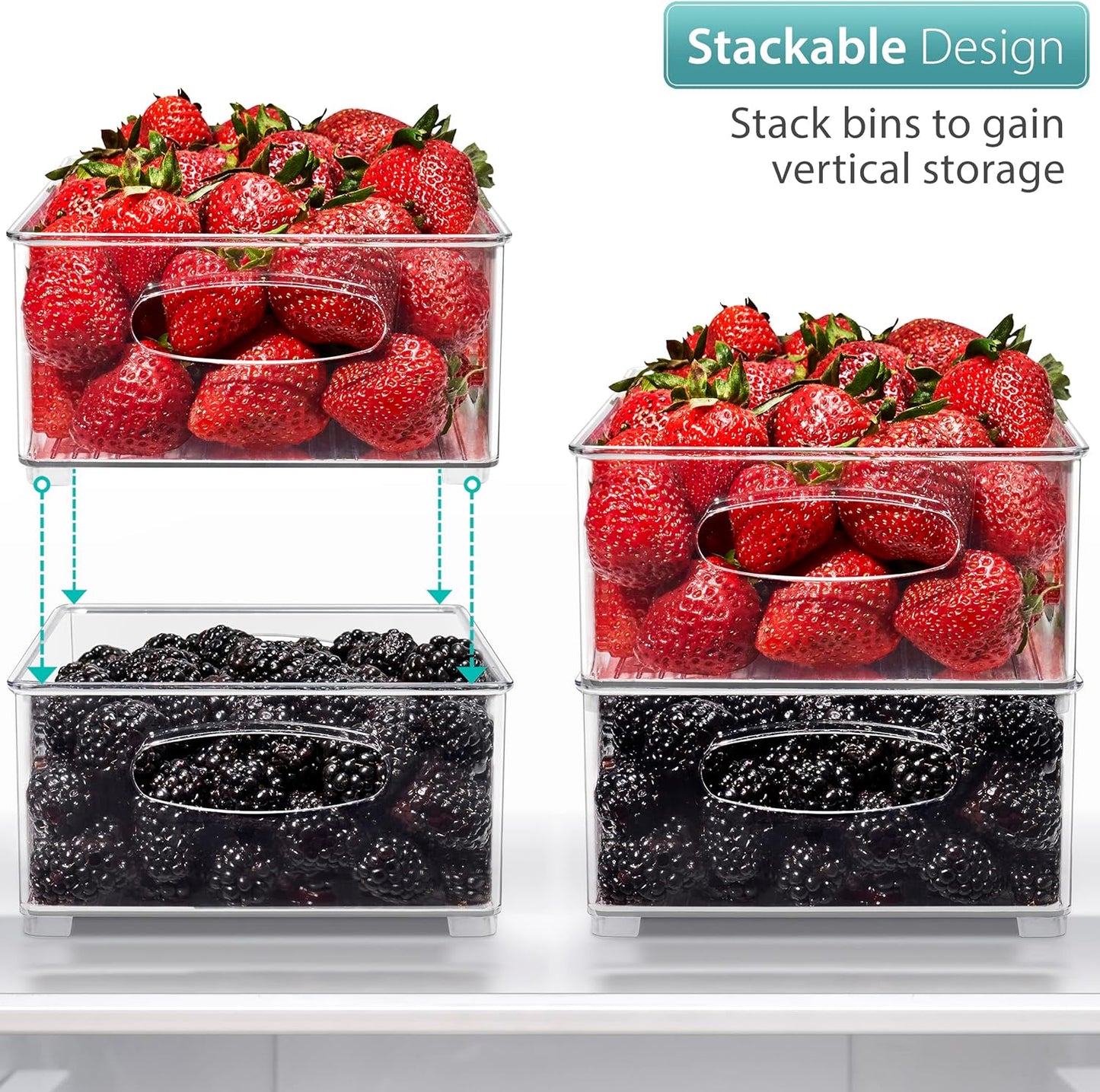 Sorbus Stackable Refrigerator Organizer Bins - Set of 4 Clear Storage Bins for Kitchen Pantry, Freezer & Fridge Organization - Food Organizing Plastic Containers with Handles for Countertops & Drawers