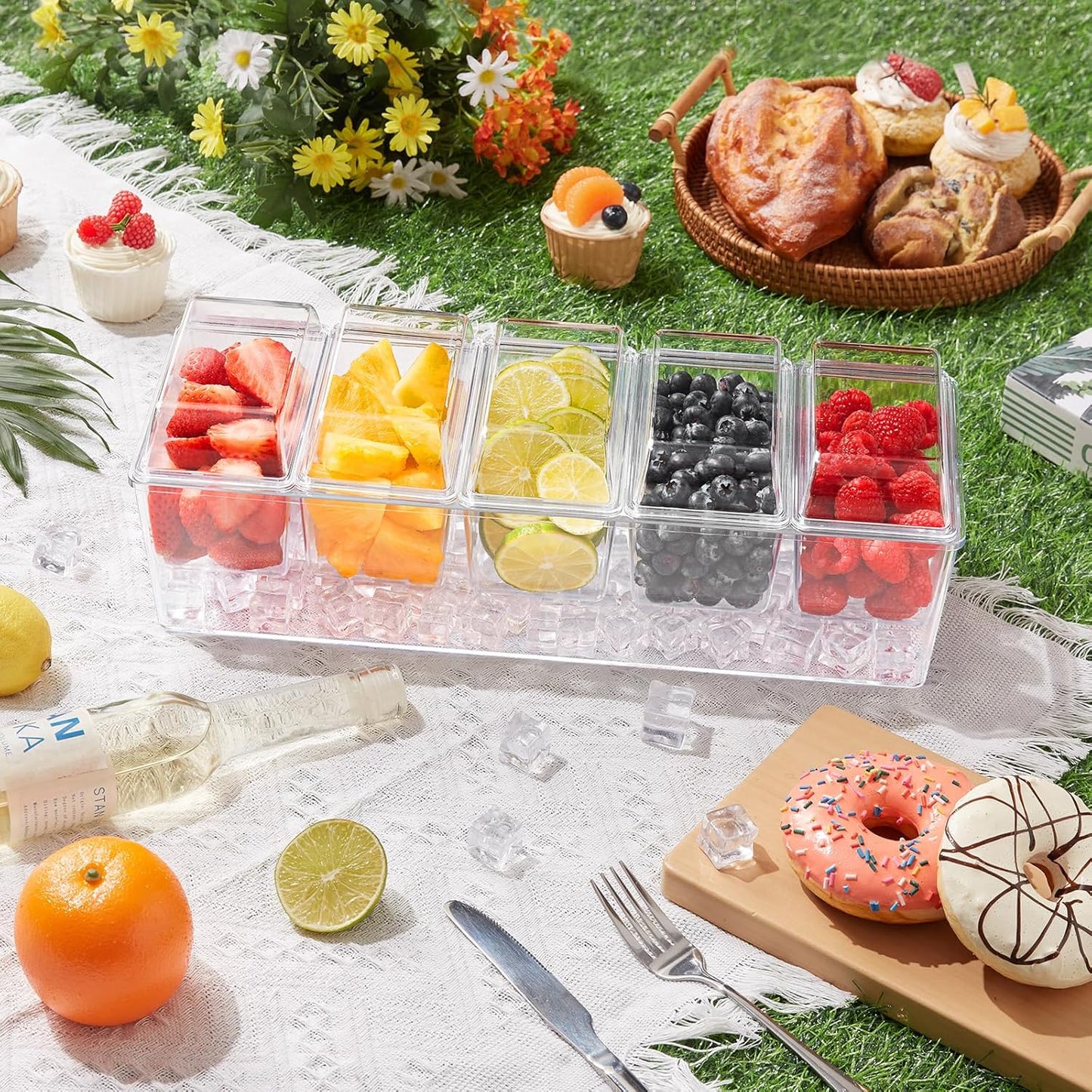 Lifewit Chilled Condiment Caddy with 5 x 20 oz Containers, Compact 15" Garnish Tray with Lids for Bartenders, Taco Bar Party Serving Set & Dirty Soda Bar Supplies, Ideal for Fruit, Salad, Toppings