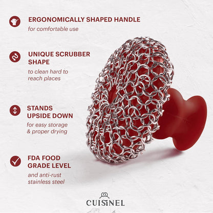 Cuisinel Cast Iron Scrubber Cleaning Brush + Pan/Grill Scraper - Skillet and Grill Cleaner Kit - Soft-Touch Confident-Grip Dish Scrub Tool - Tough on Grease, Gentle on Metal and Non-Stick Cookware