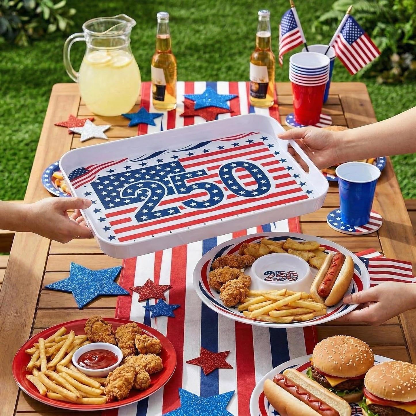 2 Pcs Serving Tray - 16'' Melamine Rectangle Tray with Handle and 13'' Chip and Dip Set of 2，Extra-Large Melamine Serving Platter for Eating, Appetizer, Snack, Fruit, Desserts，Happy Summer