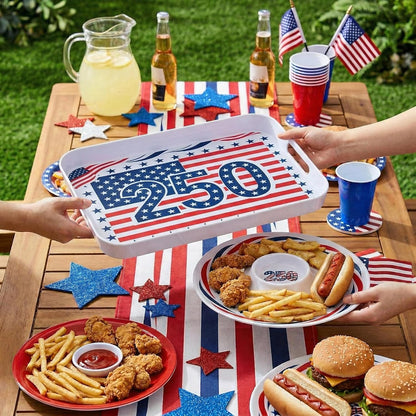 2 Pcs Serving Tray - 16'' Melamine Rectangle Tray with Handle and 13'' Chip and Dip Set of 2，Extra-Large Melamine Serving Platter for Eating, Appetizer, Snack, Fruit, Desserts，Happy Summer