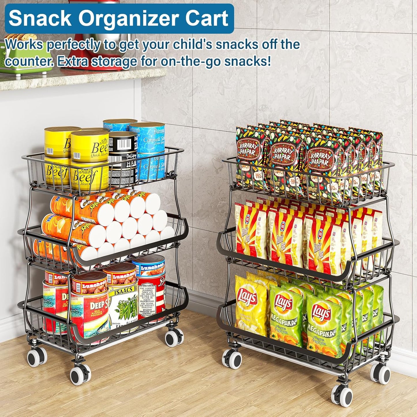 OKZEST 3-Tier Rolling Pantry Floor Organizer and Storage Cart with Wheels, Stackable Wire Pantry Baskets for Pantry Shelves, Kitchen Storage Rack and Fruit Basket Stand for Fruit Snack Onion Potato